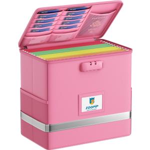 Fireproof File Box with Lock, Document Box Storage Organizer, Suitable for Hanging File Folders in Letter Size, Collapsible File Box, Reflective Strip for Fast Find (12.2"*6"*10.2, Pink)