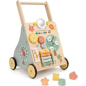 Wooden Baby Walker, Multiple Learning Activities Center Develops Motor Skills for Infant to Toddler, Push and Pull Walkers with Wheel for Boys Girls