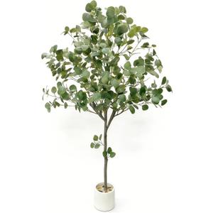 6FT Artificial Eucalyptus Tree, Lifelike Fake Plant Silver Dollar Silk Leaves & Real Touch Texture with Adjustable Branches for Home Office Indoor Decor for Housewarming Gift(Green Stems)