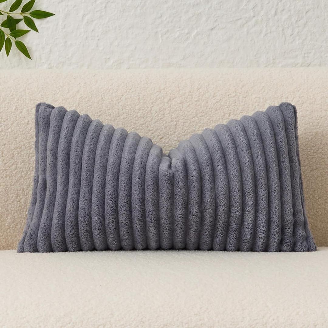 Kevin Textile Soft Plush 12x24 Inch Lumbar Pillow Cover 1 Pack, Luxury Fluffy Faux Fur Striped Flannel Rectangle Cushion Case for Couch Sofa Chair Bed Home Decor, Dark Grey