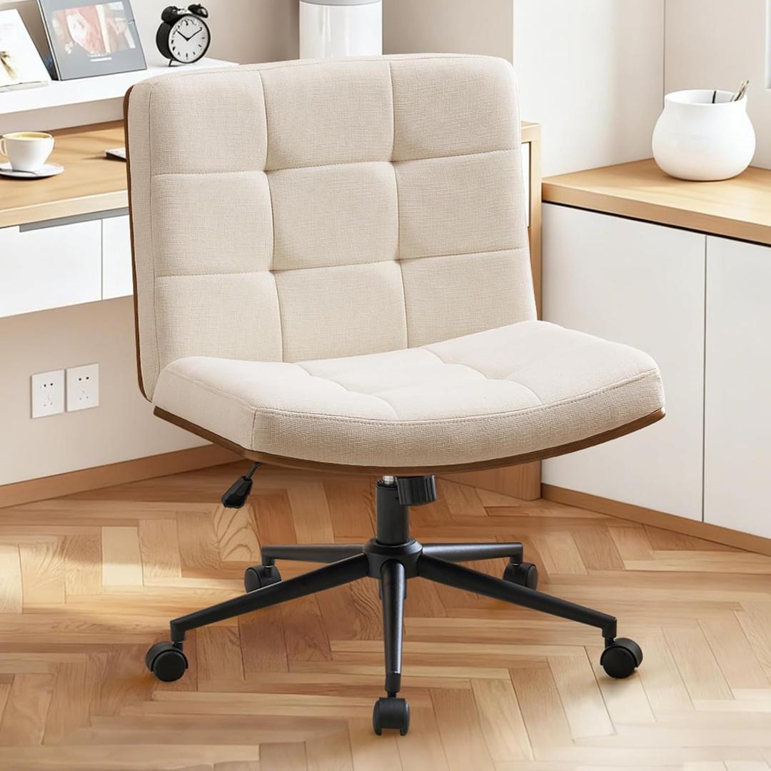 Furnimart Heavy-Duty FSC Wooden Wide Desk Chair, 360 Swivel Criss Cross Office Chair with Wheels, Comfy Cross Legged Sitting, Armless Rolling Chair for Bedroom, Office, Vanity (Linen Beige)