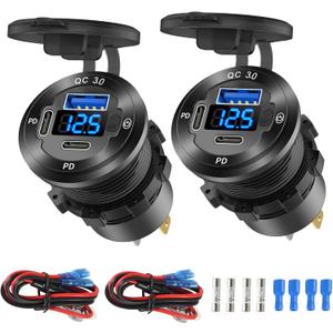 2 Pack 12V USB Outlet 3 Port Car Charger Socket, 78W Dual PD USB C 30W and Quick Charge3.0 Port Aluminum Charger Waterproof with Voltmeter and Button Switch for Boat Marine Motorcycle RV Truck, etc (Only one pack)