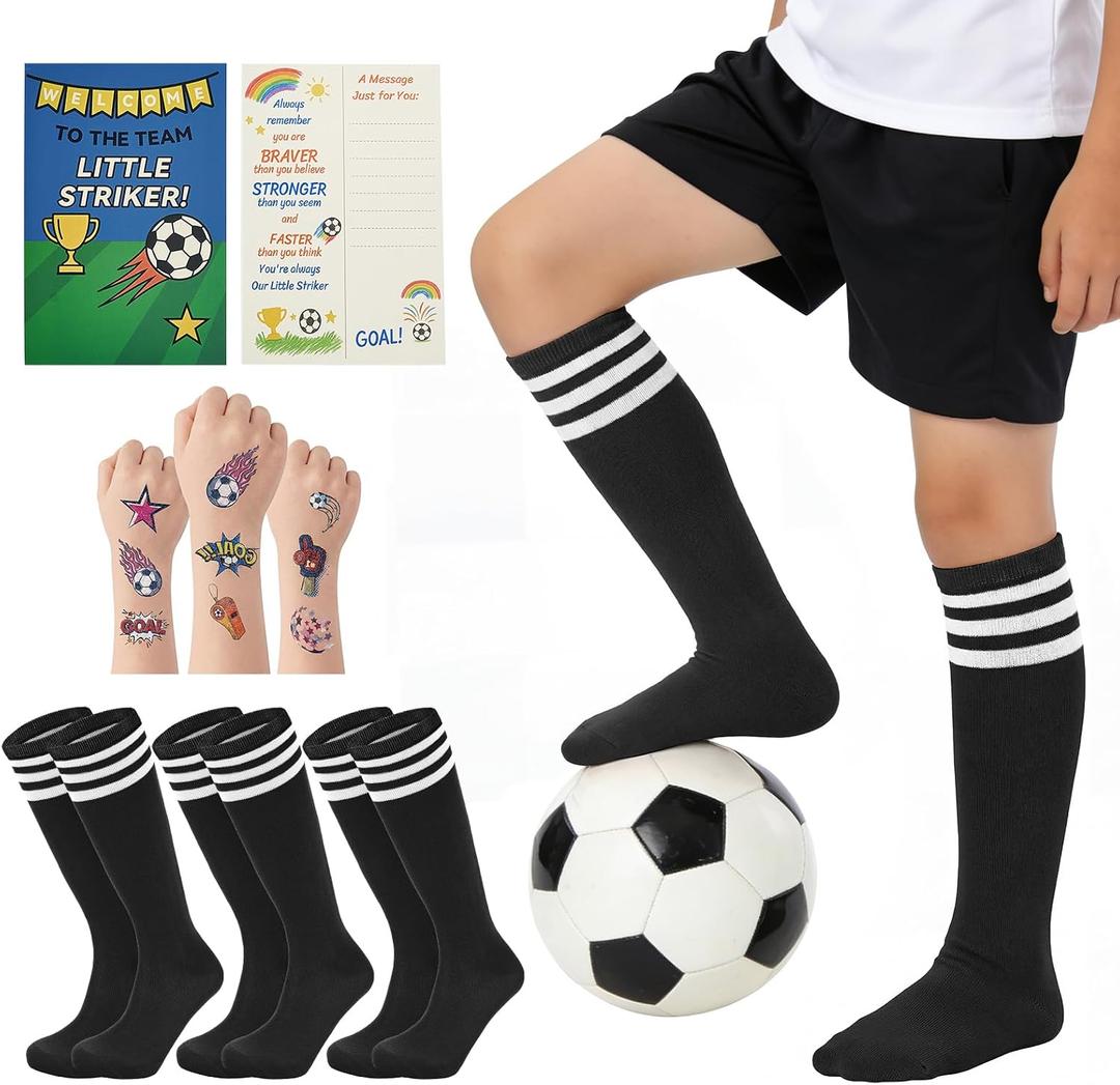 American Trends 3 Pairs Kids Soccer Baseball Socks Youth Boys Girls Long Socks with Soccer Tattoos and Greeting Card (Black, S)
