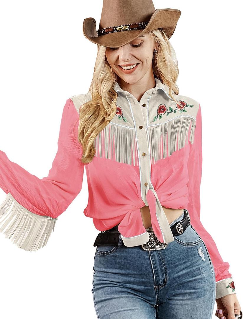 JOHN MOON Womens Fringe Western Long Sleeve Shirts Floral Embroidered Cowgirl Button Down Shacket Blouse Country Rodeo Outfit (X-Large, Pink)