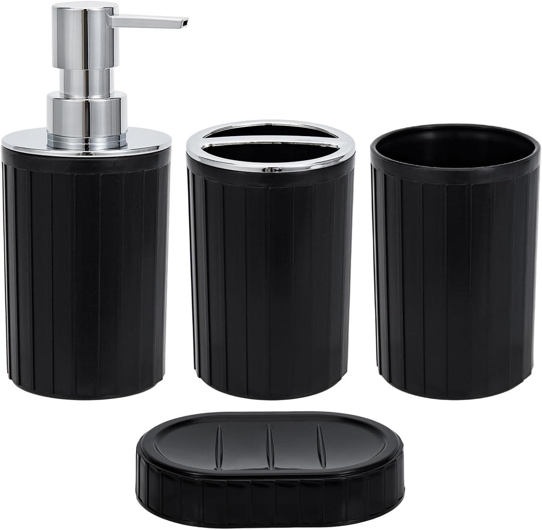 Yebeauty Bathroom Accessory Set 4pcs Plastic Black Bathroom Sink Set with Soap Dispenser and Toothbrush Holder for Bath Countertop Decor Contain Toothbrush Holder Set Soap Dispenser Dish
