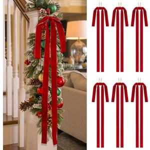 SIMISI RIBBON Red Long Velvet Bows Ornaments for Christmas Tree, Wreath, Garland, Swag, Staircase, Fireplace, Door (15 * 24 inch, 6 Pieces)