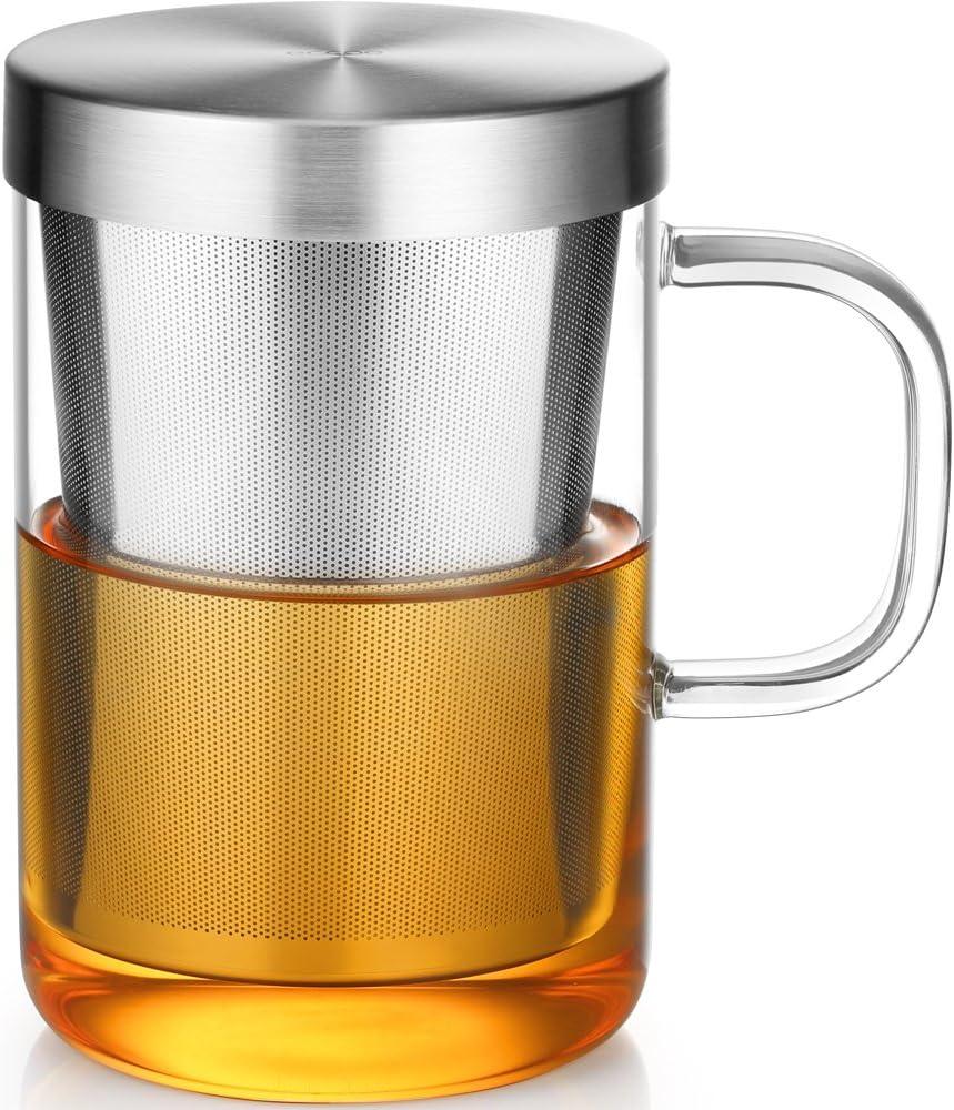 ecooe 16.9 Oz Borosilicate Glass Tea Mug Cup Tea Glasses with Stainless Steel Infuser & Lid, Loose Leaf Glass Tea Cup Teacup 430mL(Use Capacity) (Silver)