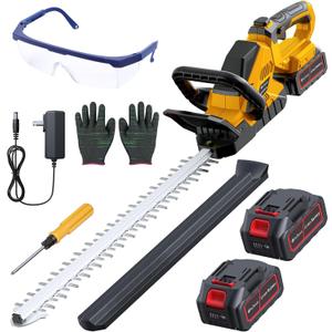 20'' Hedge Trimmer Cordless with 2pcs 4000mAh Battery, Electric Handheld Bush Clipper with Rechargeable Batteries, 3000RPM 180 Rotatable Head, 2/3'' Blade Gap, Yellow