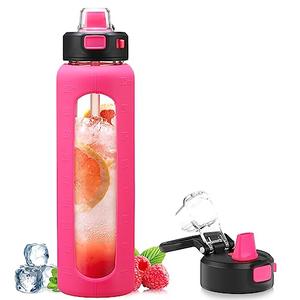 Kodrine 32 oz Glass Water Bottle with Straw and Carry Loop, One-Touch Leakproof Locking Lid, Reusable Drinking Bottle with Time Marker for Travel Home Gym Sports (Rose Red)