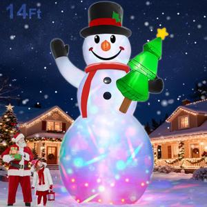 14 Ft by 7.5 Ft Large Christmas Inflatables Snowman Outdoor Decorations Build-in Rotating Colorful Light, Huge Snowman Inflatable with Christmas Tree & Hat Blow Up Yard Decor for Lawn Garden Outside