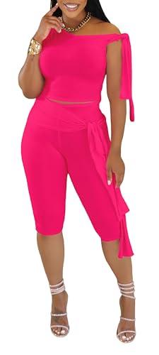 Two Piece Sets for Women Summer Outfits Off The Shoulder Tops Capri Pants Sets Sexy Jumpsuits Vacation Outfits Matching Sets Hot Pink XL