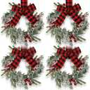 Syhood 4 Pcs 9" Mini Christmas Wreath Mini Cabinet Wreaths for Kitchen Christmas Red Berry with Red and Black Plaid Bow Farmhouse Wreath for Holiday Xmas Party Decorations(Elegant Style)