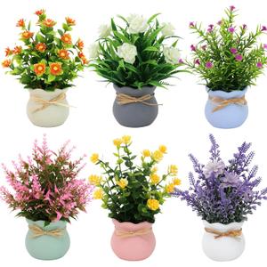 Yoratee 6PCS Artificial Flowers Pot Small Fake Plants with Mini Potted Plants for Home Office Tabletop Centerpiece Decoration