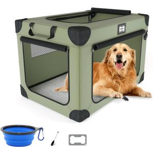 42 Inch Collapsible Dog Crate, Portable Dog Travel Crate for Large Dogs, Oxford Fabric Pet Carrier with 3 Mesh Doors, Plush Mat and a Foldable Bowl for Indoor & Outdoor, Green