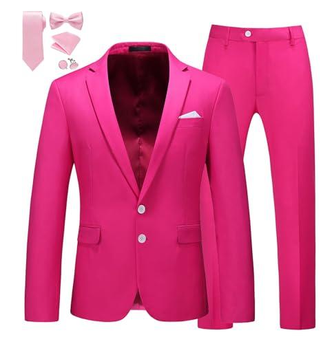 MOGU Mens Slim Fit Suit 2 Piece Tuxedo for Daily Business Wedding Party (Suit Jacket + Pants) US Size Blazer 30/Pants 29 Hot Pink