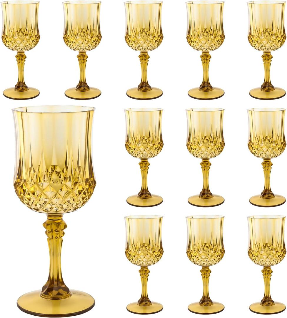 Plastic Wine GlassesPlastic Goblets Vintage Style Cordial Drinking Glasses for Wedding Reception, Grand Event Party Supplies (12, Gold)