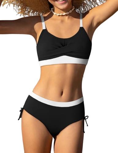 Gaupafmb Girls Swimsuit (Size Up) 2PCS Color Block Shoulder Straps Top with Elastic Ruching Swim Bikini Suits for Girls 9-10 Years Old
