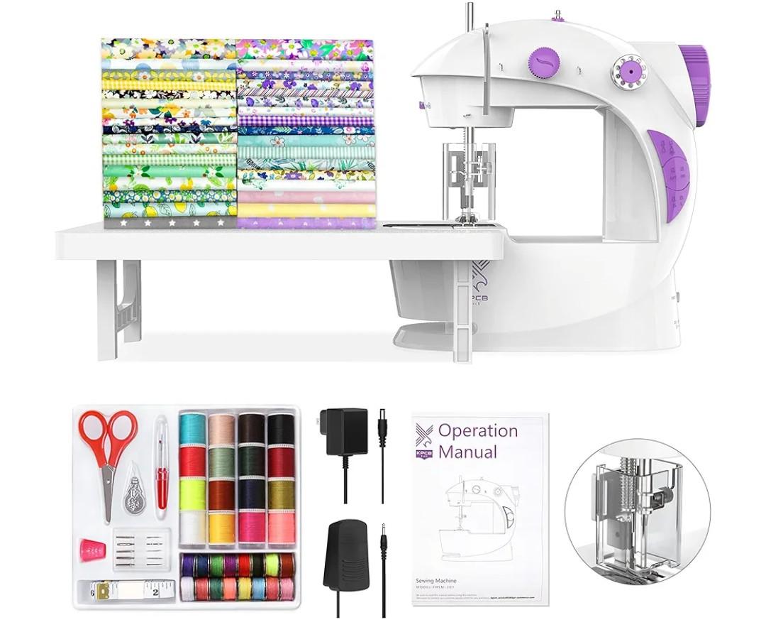 KPCB Tech Sewing Machine for Beginners [Full Set] with Finger Guard and Fabric Bundles - Mini Sewing Machine with Sewing Kits, Foot Pedal, US Adapter and Extension Table