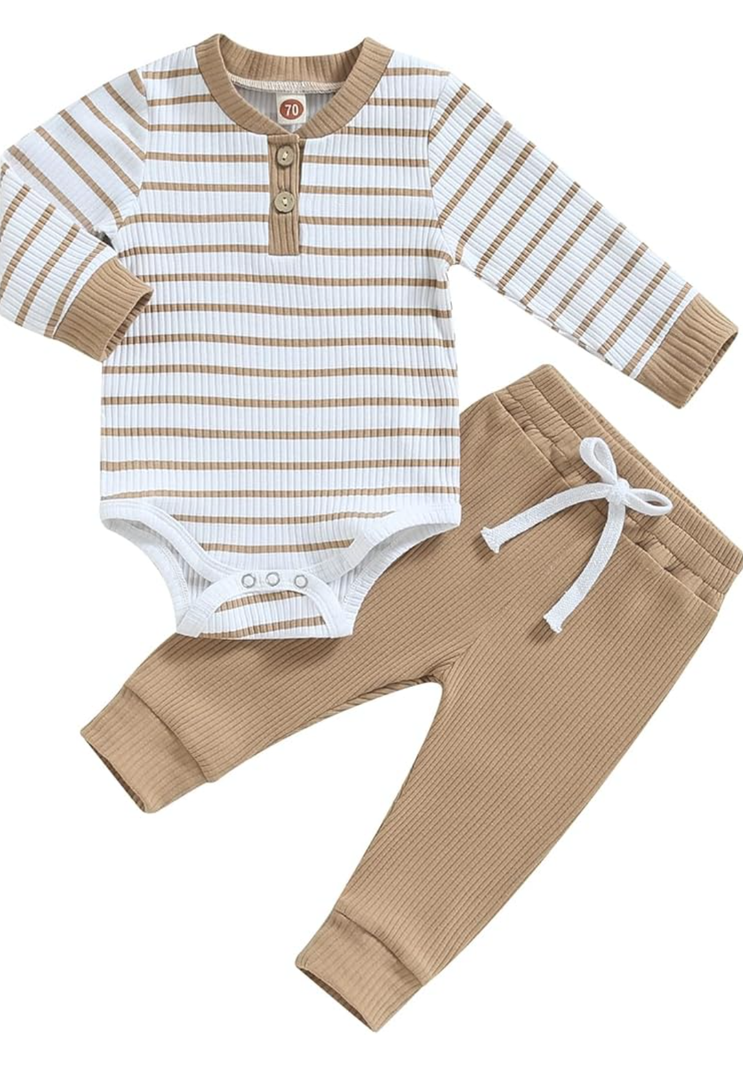 Newborn Baby Boy Girl Clothes Ribbed Knitted Long Sleeve Romper Pants Solid Cotton Infant Fall Winter Outfits 2Pcs, Size 80