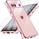 LeYi for Google Pixel 7A Case: with Tempered Glass Screen Protector [2 Pcs]+ Full Camera Lens Protection, Love Heart Plating Girly Women Cute Luxury Soft TPU Shockproof Case, Pink