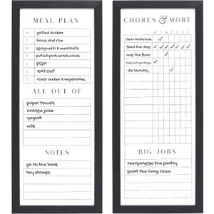 Sheffield Home Set of Two Family Planner Dry Erase Boards Featuring, Chore Chart, Shopping List, Weekly Meal Planner and Notes, 9x21 Inch, Black