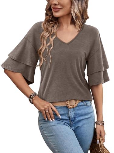 MixShe Womens V Neck Tops Short Sleeve Ruffle Sleeve Casual Summer Lightweight Blouses (Coffee, Small)