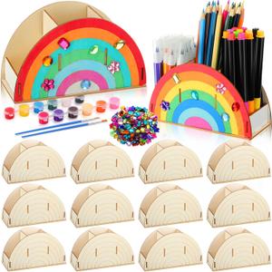 12 Pack Operation Christmas Paint Your Own Pen Holder Crafts Kit for Kids, Rainbow Wood Pencil Holder with Watercolor and Acrylic Diamonds, Unfinished Wood Pencil Box DIY Crafts