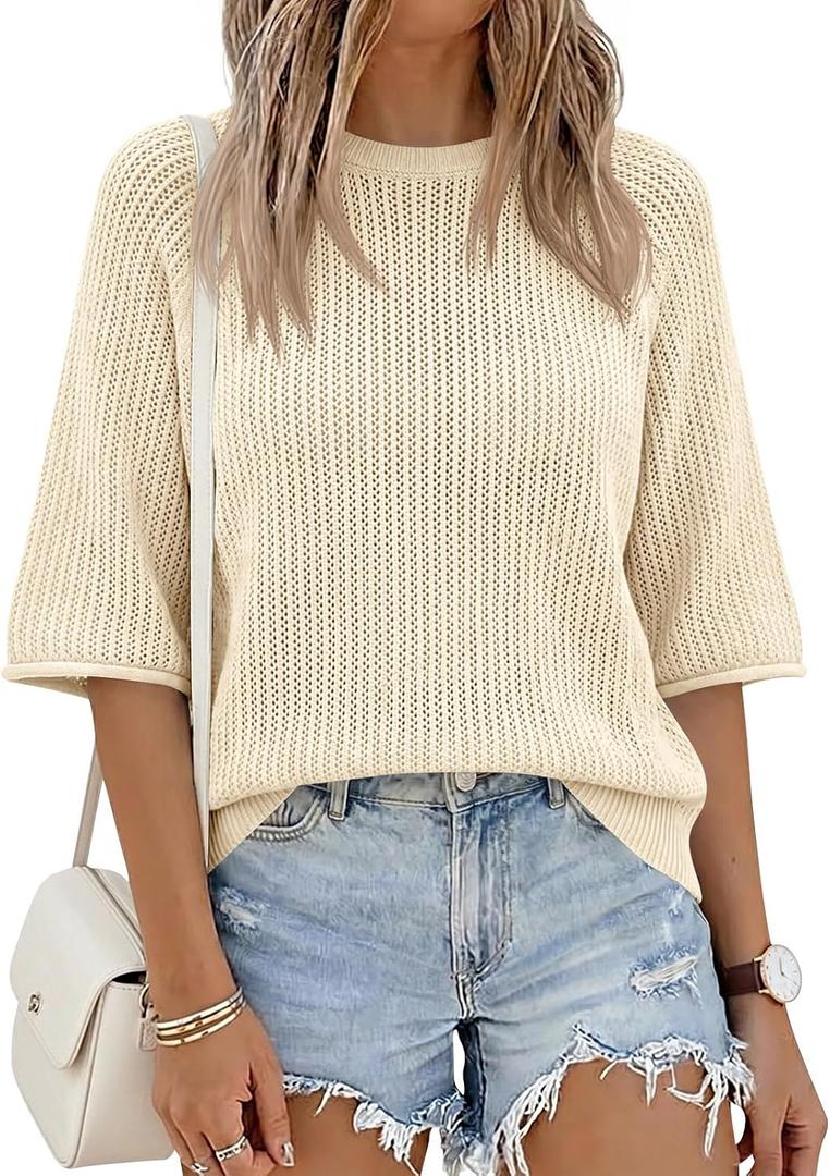 Saodimallsu Womens Short Sleeve Sweaters Crochet Knit Casual Crew Neck Lightweight Summer Trendy Sweater Tops (Beige)