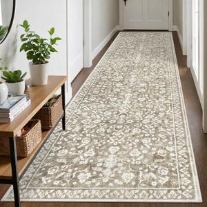Vintage Runner Rugs for Hallway 3x10, Beige Taupe Washable Long Hallway Runner Rug Non Slip, Super Soft Kitchen Runner Rug, Print Faux Wool Floral Thin Carpet Runner for Entryway Bedroom