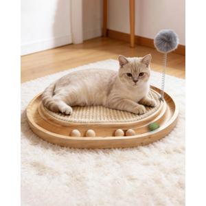 Natural Sisal Cat Scratcher Pad Wooden Interactive cat Toy with Ball Track Springs Ball for Chasing Hunting Physical Exercise Kitten Toys Cat Scratching Mat for Indoor Cats Furniture Protection (1 tier)