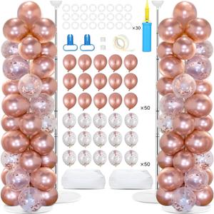 2 Sets Rose Gold Balloon Column Stand Kit with 100 Balloons Graduation Adjustable Tower Stand with Bases Floor Rose Gold Confetti Balloon Column Bridal Shower Bachelorette Birthday Wedding Party Decor