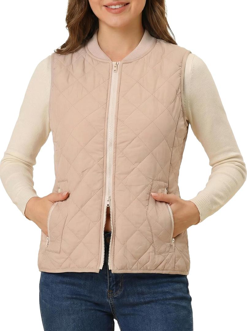 Fuinloth Women's Quilted Vest, Rib Collar Lightweight Zip Padded Gilet Beige XS