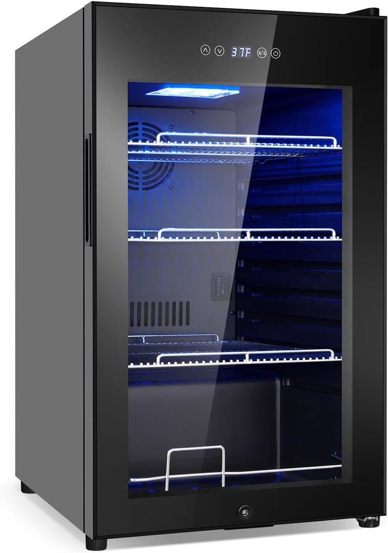 Beverage Refrigerator 17 inch Wide - 126 Can Beverage Cooler with Glass Door | Counter-Top/Freestanding Mini Beverage Beer Fridge | Temperature Memory | Invisible Door | Perfect for Soda, Beer (Black)