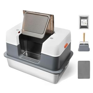 Scirove Stainless Steel Cat Litter Box Enclosed with Lid，Covered Metal Kitty Litter Box with Litter Mat and Odor Reduction Pack(2kg), Metal Scoop，Switchable Design, Easy Clean，Odor-Control, Leak-Proof