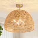Rattan Ceiling Light Fixture, 4-Light Boho Semi Flush Mount Ceiling Light, 20" Wicker Light Fixture with Handmade Woven Cage Lampshade, Rattan Chandelier for Bedroom Hallway Nursery Kitchen Farmhouse
