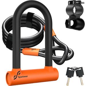 Sportneer Bike U Lock - Heavy Duty Anti Theft Bike Lock with 5ft Security Steel Cable - 17mm Shackle Bicycle U-Locks with Keys & Sturdy Mounting Bracket for Road, Mountain, Electric Bike - Orange