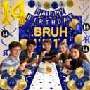 14th Birthday Decorations for Boys, Blue and Gold Happy 14th Birthday Decorations Boy, Bruh I'm 14 Backdrop Happy Birthday Banner Tablecover Number 14 Balloons Pompoms,14 Year Old Boy Bday Party Decor