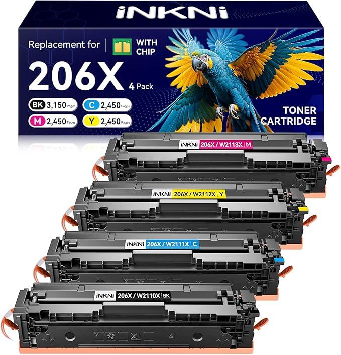 InkNI 206X Toner Cartridges 4 Pack - with Chip Compatible Replacement for HP 206X 206A for Color LaserJet Pro MFP M283fdw M283cdw M283fdn M282nw Pro M255dw M255nw Ink Cartridges W2110X W2110A
