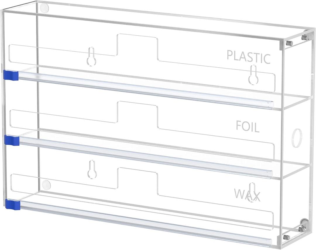 Kitchen Wrap Organizer, Foil and Plastic Wrap Organizer 3 in 1 with Sliding Cutter, Acrylic Wrap Dispenser for Drawer or Wall Mount, Fits 12 Inch Rolls