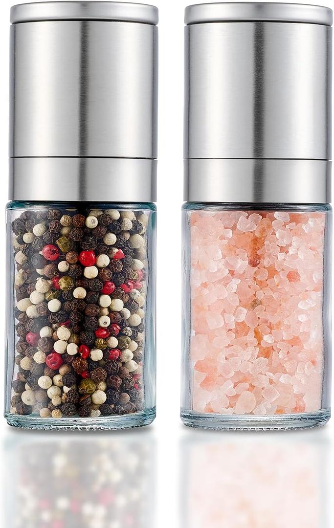 Salt and Pepper Grinder 2pcs Black Pepper Mill Refillable Manual Stainless Steel Lid Adjustable Coarseness Glass Material Fits in Home Kitchen Barbecue
