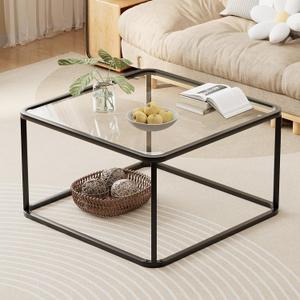 Coffee Table Glass, Minimalist Square Tables for Living Room, Modern Center Table for Office or Small Space, Tempered Glass, Sturdy Metal Frame, Easy Assembly, 26.4 x 26.4 x 15.7 Inches, Black