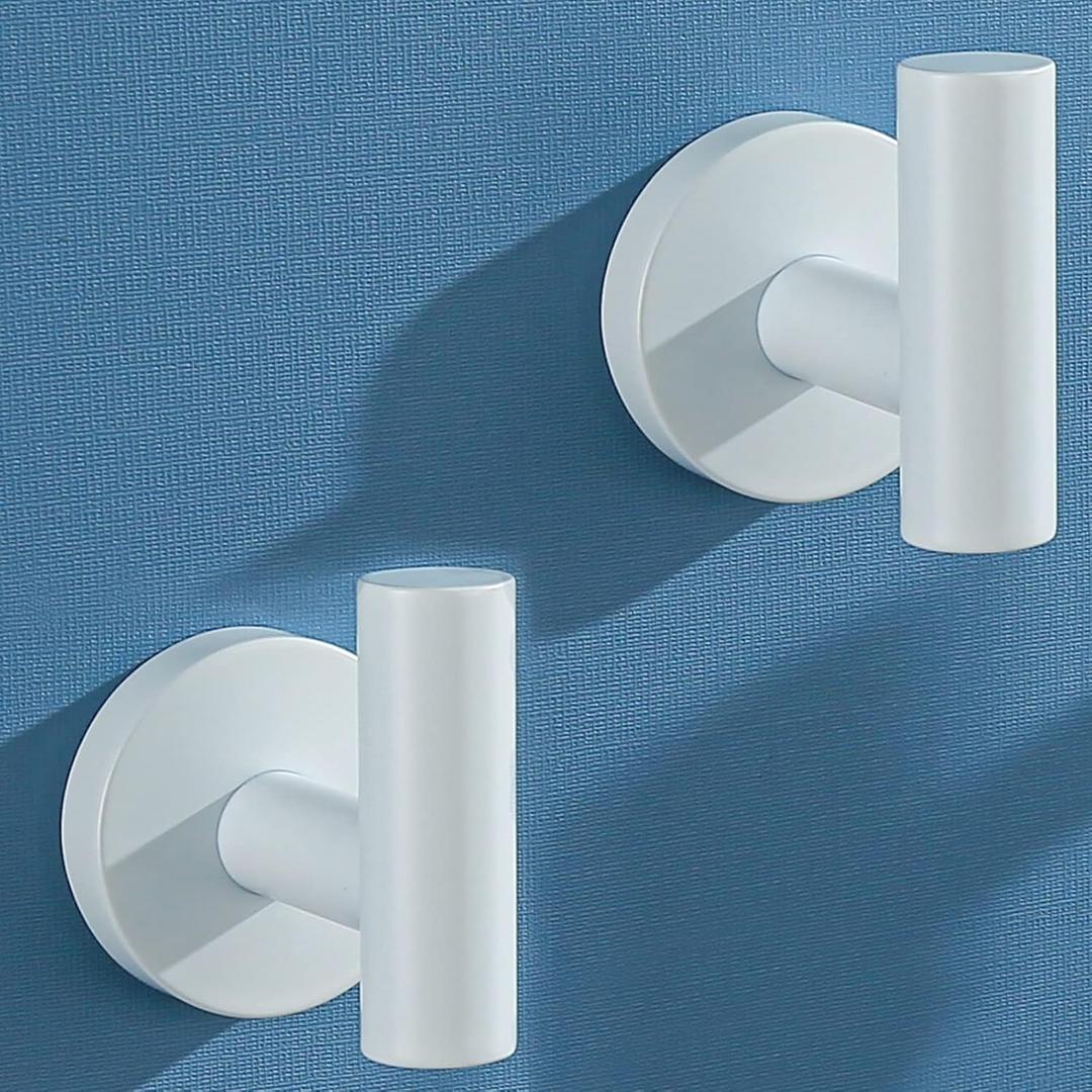 White Towel Hooks Coat Robe Hook for Bath and Kitchen,Bathroom Hardware Accessories, SUS 304 Stainless Steel Wall Hook 2 Count