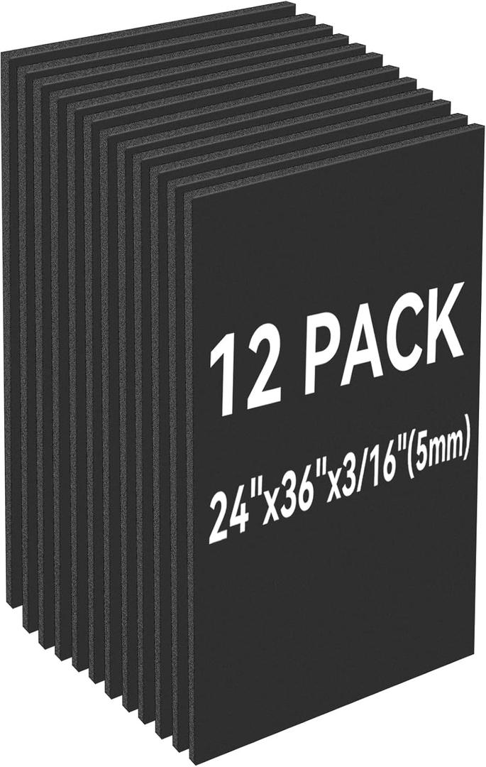 12 Pack Black Foam Board 24"x36", 3/16" Thick Foam Core Board for Projects, Black Poster Board for Painting, Displaying, and Craft Projects
