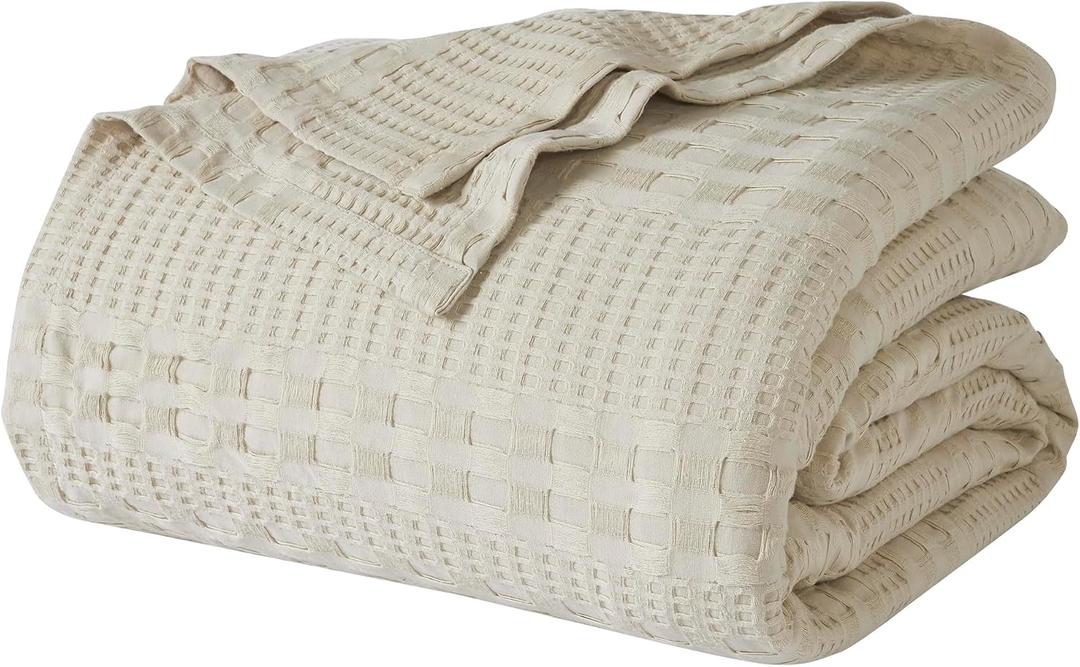 VHC Brands 100% Cotton Waffle Weave Twin Blanket 66"x90", Decorative Lightweight Spring and Summer Throw Blanket, Bedroom Decor for Bed, Couch, or Sofa, Natural