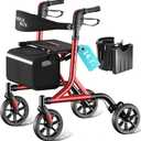 WALK MATE Rollator Walker for Seniors with Cup Holder, Upgraded Thumb Press Button for Height Adjustment, 8 Inch Wheels Walker with Seat Folding 14.7lb Lightweight Walking Aid, 300 lb Capacity, Red