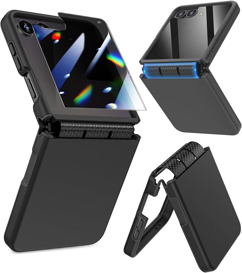 Caka [Upgrade] for Samsung Galaxy Z Flip 7 Case [Wireless Charging Compatible][Hinge Protection] [Screen Protector] Women Men Shockproof Protection Phone Cover for Z Flip 7 2025 - Privacy Black