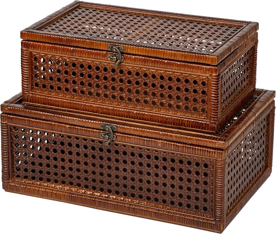 Rattan Box With Lids,Antique Color Rattan Decorative Box with vintage metal clasps,Size:14.96" x 9.65" x 5.91" (Antique Color)