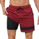 SILKWORLD Mens Swim Trunks with Compression Liner Quick Dry 6 in Bathing Suit Summer Swim Shorts with Zipper Pockets, Red, XXL