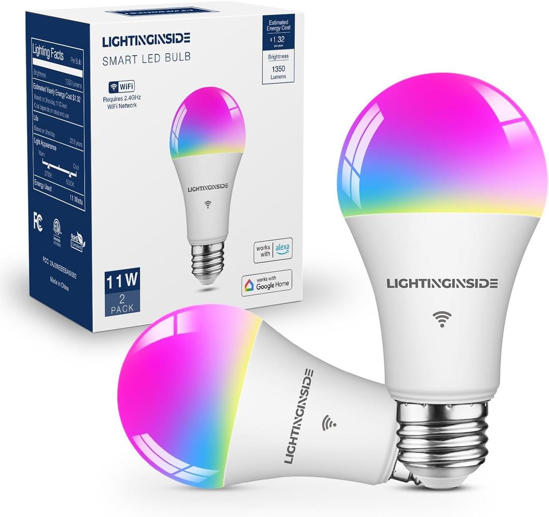 Lightinginside Smart Light Bulbs 100W Equiv., 1350LM 11W Smart Bulb Works with Alexa/Google Home/Smart Life, A19 E26 RGBCW Color Changing, No Hub Required, 2.4G WiFi Bluetooth Bulb, ETL Listed, 2PCS
