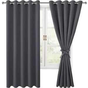 Hiasan Blackout Curtains for Bedroom, 60 x 63 Inches Length - Thermal Insulated & Light Blocking Window Curtains for Living Room, 2 Drape Panels Sewn with Tiebacks, Dark Grey
